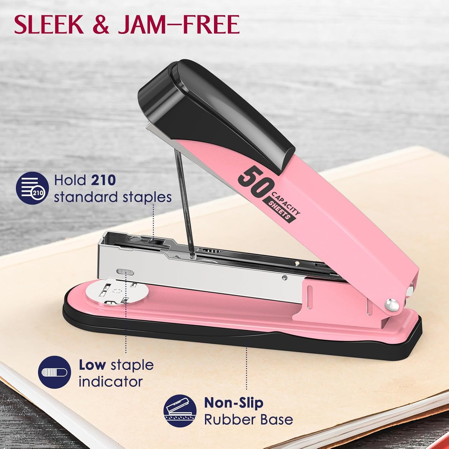Metal Stapler Heavy Duty 50 Sheet Capacity with 1750 Staples and Staple Remover, Full Strip Staplers for Desk, No Jam, Non-Slip for Office & Classroom, Pink