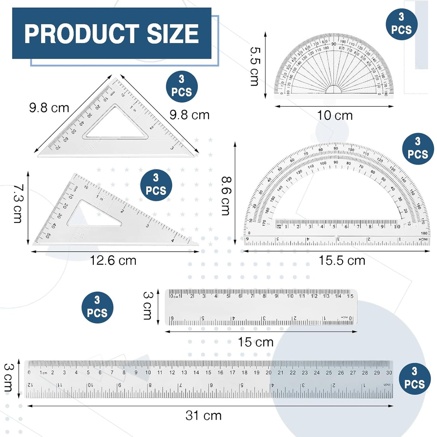 Tenare 18 Pcs Plastic Clear Math Set Includes Protractor Triangle Rulers 12 Inch 6 Inch Straight Geometry Math Transparent Ruler Measuring Tool for School Office Home Supplies