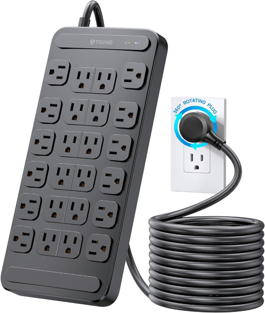 TROND Surge Protector Power Strip 360° Rotating Flat Plug, 24 AC Outlets, 4000 Joules, 10ft Heavy Duty Extension Cord 1875W, ETL Listed, Ideal for Gaming Office Home Dorm Room Essentials Black
