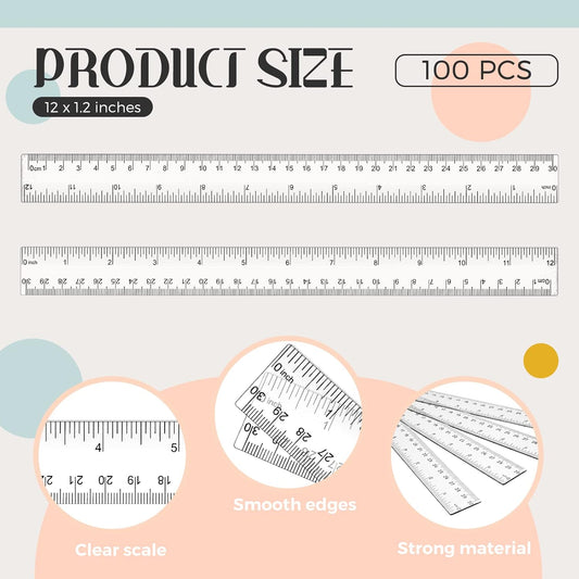 Fuutreo 100 Pack 12 Inch Rulers Bulk Plastic Clear Rulers for Classroom with Centimeters and Inches Drafting Measuring Tools for Back to School Student Classroom Office