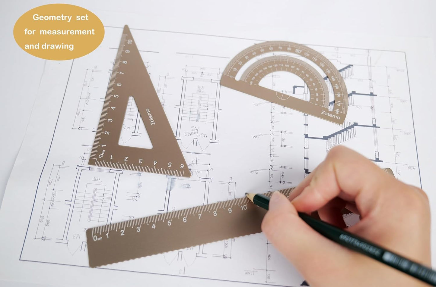 Metal Geometry Set, 5-Piece Aluminum Ruler, Math Drafting Ruler Kit Includes Protractor, Triangle Rulers, Straight Rulers-Math Measurement Tools for School and Office Supplies (Gold)