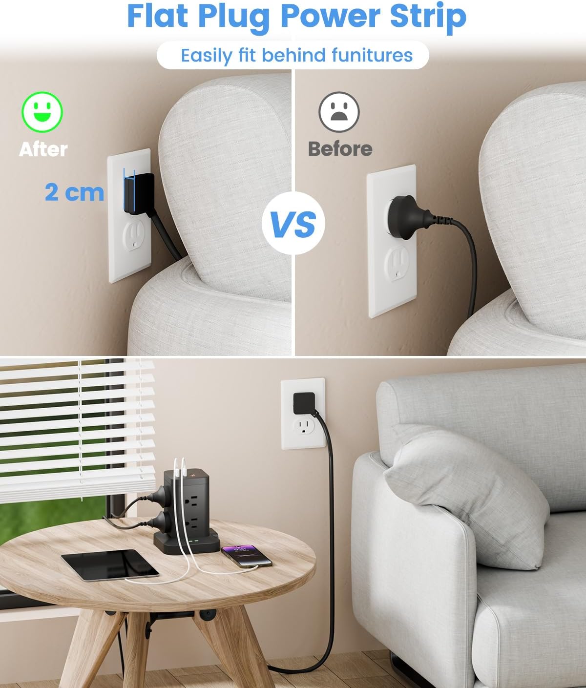 Power Strip Tower with Surge Protector 1800J, Fast Charging Tower PD20W USB-C Ports with 8 AC Outlets, 6ft Extension Cord for Home Office Dorm Room, Black