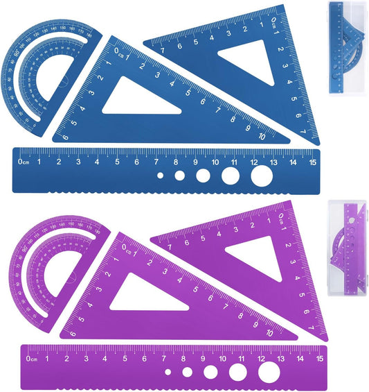 Honagu Triangular Ruler Set, 8 Pieces/2 Sets Aluminum Alloy Ruler, Metal Drafting Ruler, Geometric Protractor for Students, Draftsmen, Engineers, School Office Supplies (Blue+Purple)