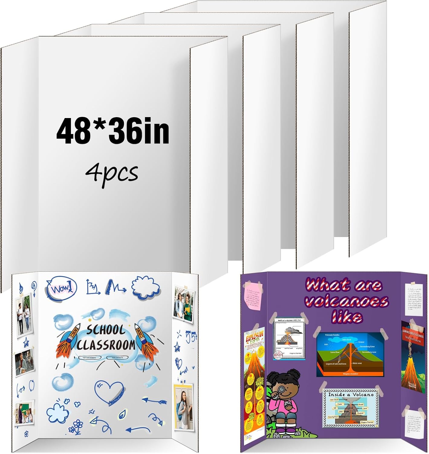 4 Pack Trifold Poster Board 48" X 36", IKAYAS Double Sided White Poster Boards, Science Fair Display Boards Posterboard Foamboard for Mounting, Prints,Art,Display,Projects Classroom Supplies