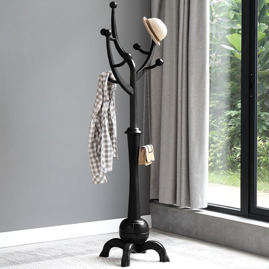 Heavy Duty Coat Rack Freestanding Wood Tree Rack with 8 Hooks, Unique Design Tree Branch-look, Premium Coat Tree Clothes Hanger Stand with Sphere Base for Entryway, Hallway, Bedroom-Load 160lbs Black