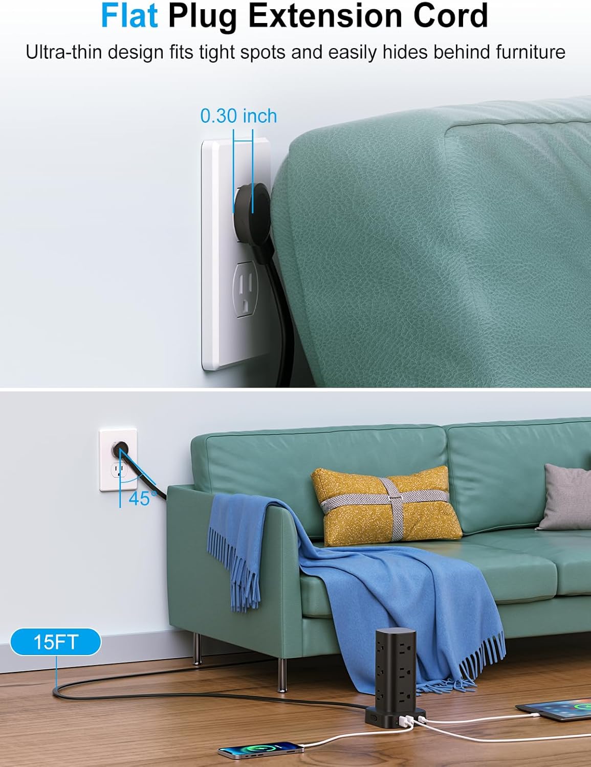 Power Strip Tower with Wireless Charger, Flat Plug Surge Protector Tower with 15FT Extension Cord, 12 AC Multiple Outlets, 4 USB (2 USB C),15W Wireless Charging Power Tower for Home Office Dorm, Black