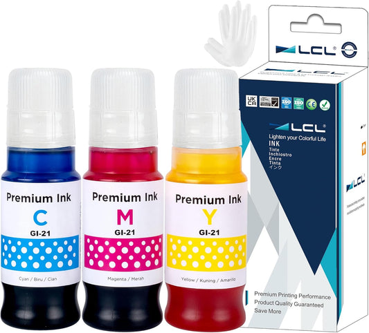 LCL Compatible Ink Bottle Replacement for Canon GI21 GI-21 GI-21C GI-21M GI-21Y for Canon PIXMA G3260 G3270 G2270 G2260 G1220 G1230 Printer (3-Pack Cyan Magenta Yellow)