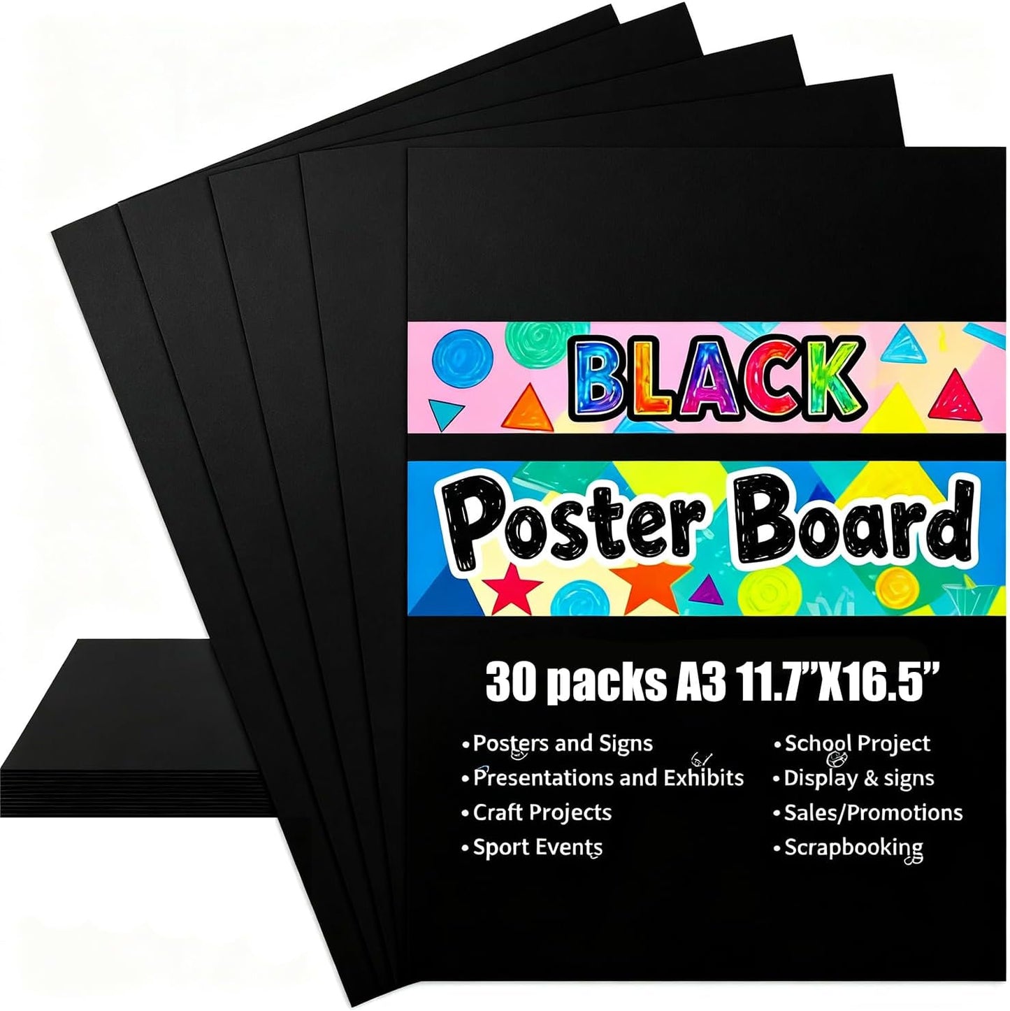 30 Pack A3 Black Poster Board, 300 GSM, 16.5 x 11.7 Inches, DIY projects, presentations, school projects, event decorations, Not for Printer