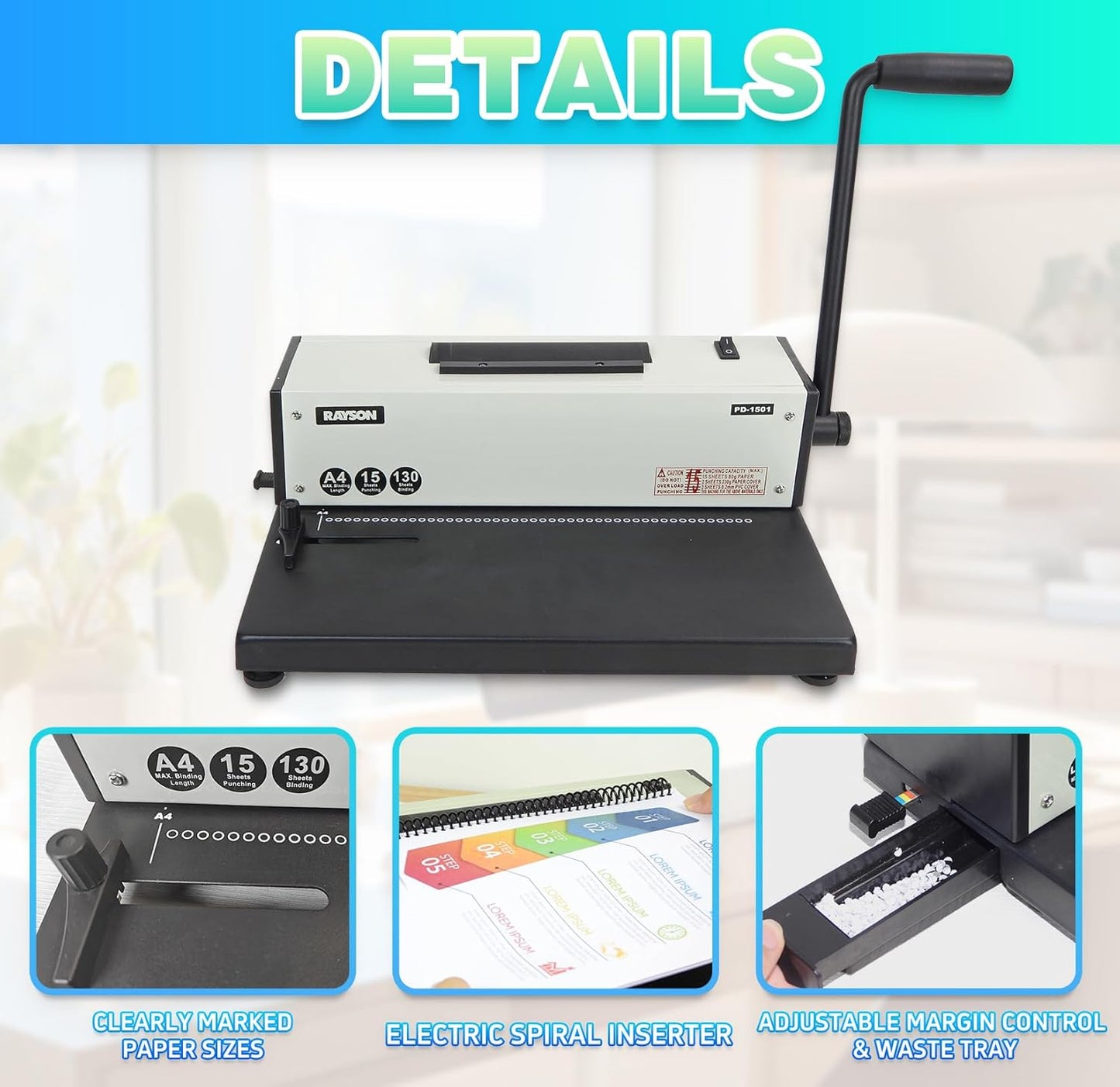 Rayson PD-1501 Coil Binding Machine with Electric Coil Inserter - Professionally Bind Presentations Documents, 4:1 Pitch with 46 Round Holes Spiral Binder