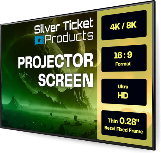 Silver Ticket Products S7 Series 6 Piece Thin Bezel Home Theater Fixed Frame 4K/8K Ultra HD, HDTV, HDR & Active 3D Projection Screen, 16:9 Format, 120" Diagonal, White Material S7-169120