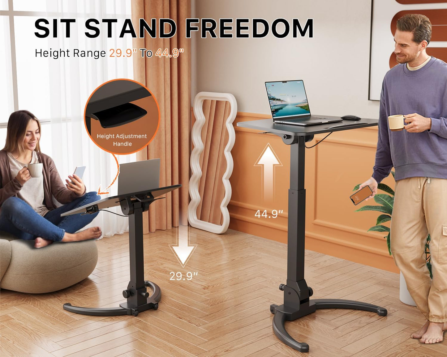 JOY worker Foldable Mobile Standing Desk, Height Adjustable Sit Stand Desk, 90° Tiltable Rolling Laptop Table, Portable Workstation with Non-Slip Mat for Home Office, Holds Up to 22lbs, Black