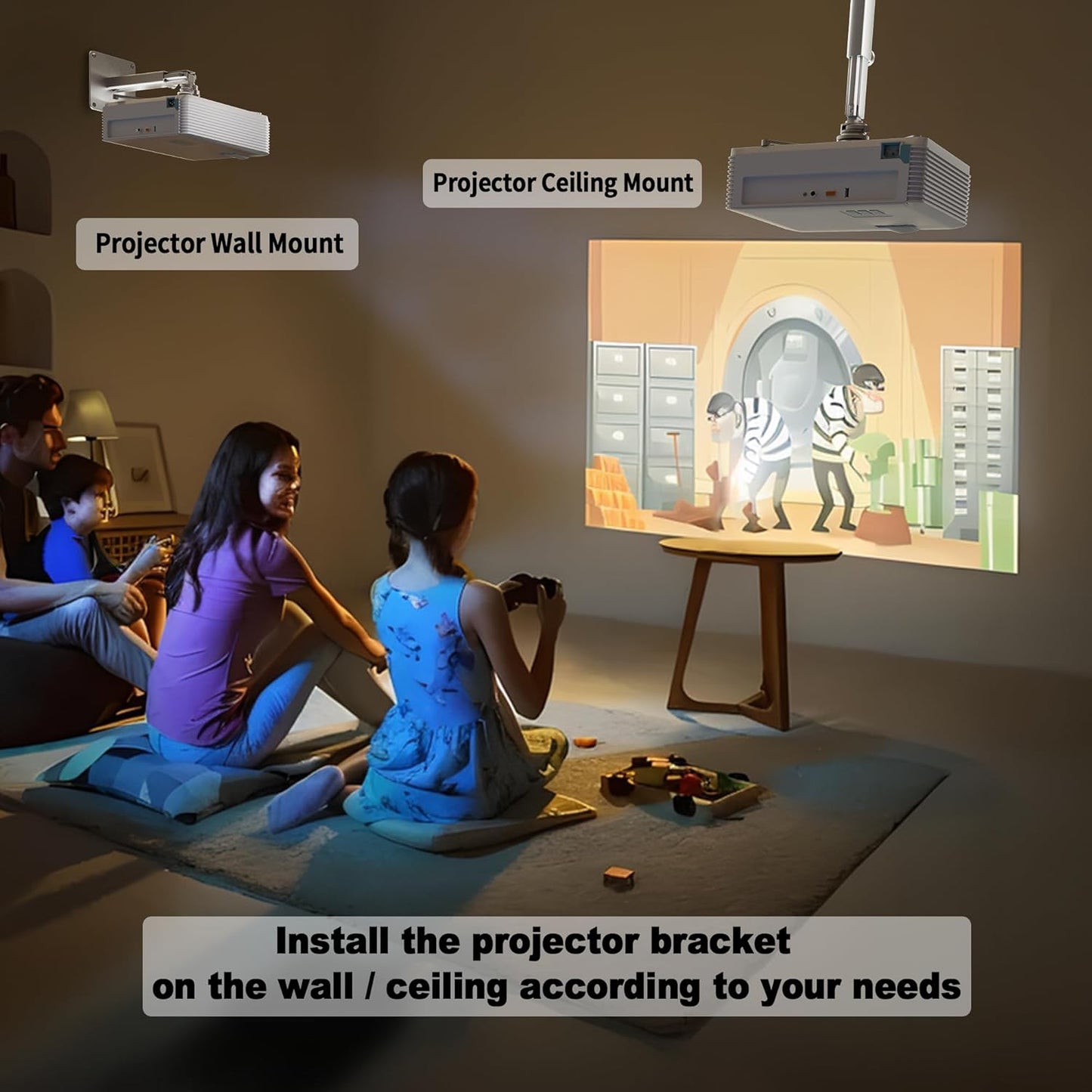 Projector Mount Wall with Multi-Hole Design, Adjustable Universal Ceiling Mount for Home Theater, Office, Classroom, Load 55 lbs - Silver