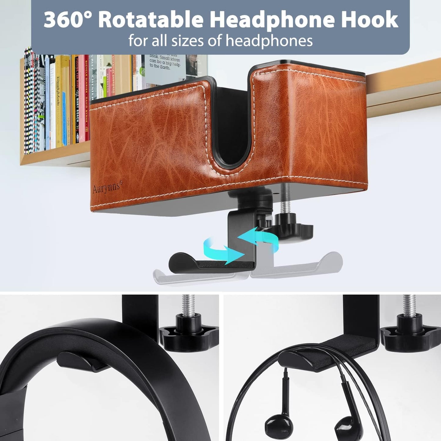 Desk Cup Holder Clip on Pen Holder Headphone Hanger Headset Stand Rotatable Clamp Hook Under Desk (Light Brown)