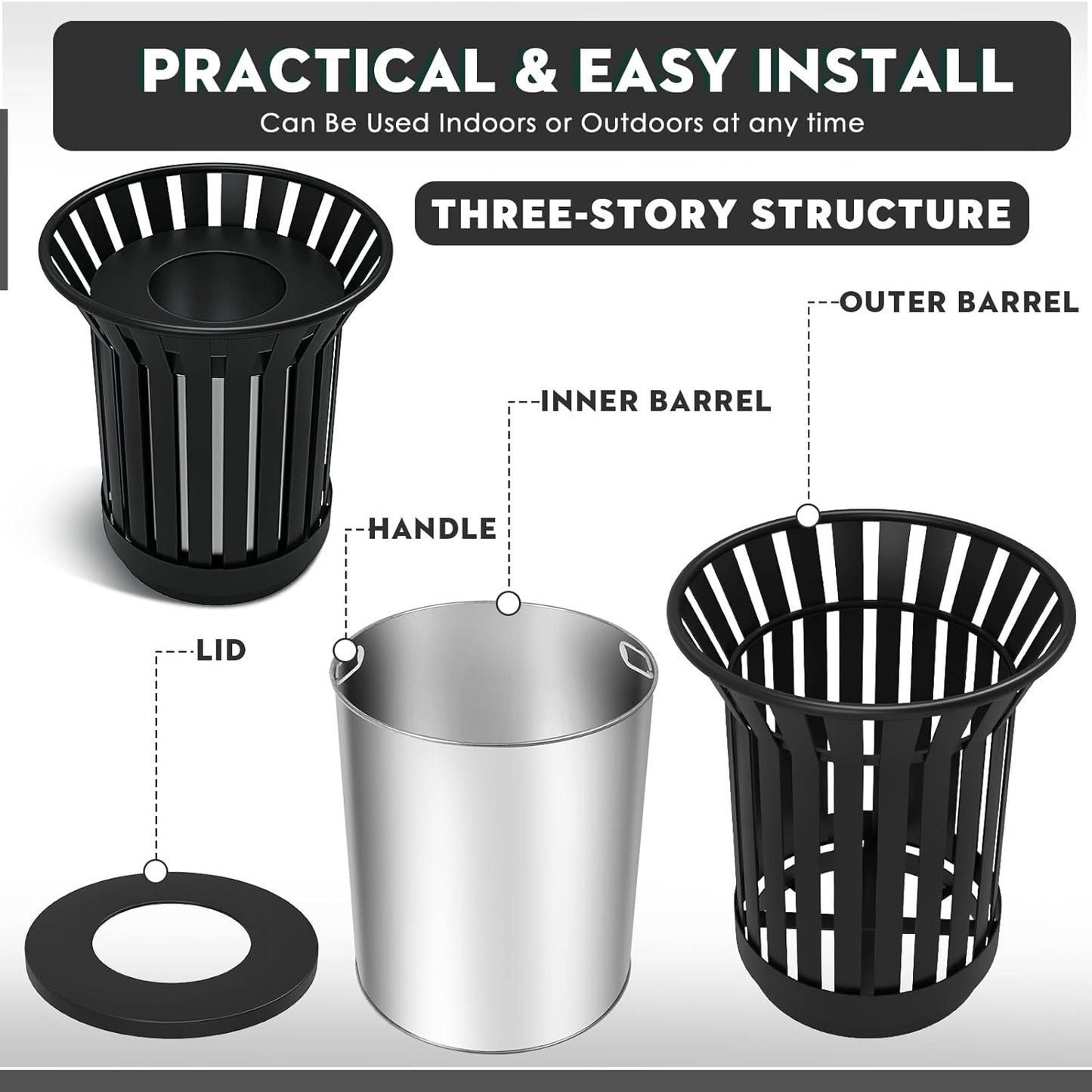 27.6IN Round Large Outdoor Trash Can, Heavy Duty Metal Slatted Garbage Can Outdoor, All Weather Resistant Commercial Garbage Cans, Waste Receptacle in Park, School, Beach, Patio Black