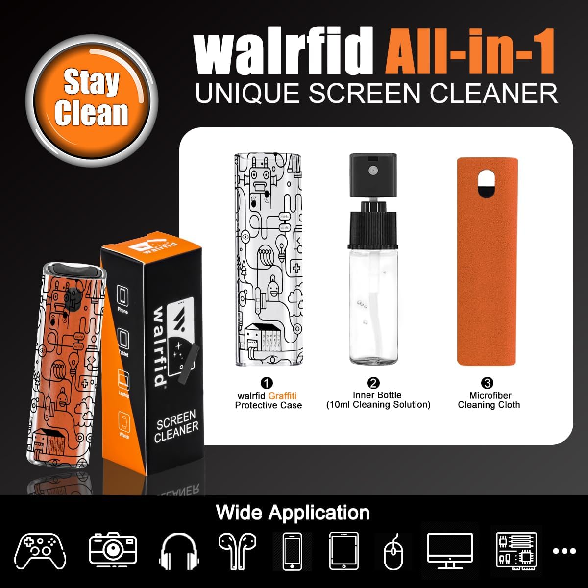 walrfid Car Screen Cleaner, Computer Screen Cleaner Spray and Wipe, Laptop Cleaning Mist Kit for Electronic iPad, iPhone, Phone, MacBook, TV, Tablet Display, with Graffiti Case