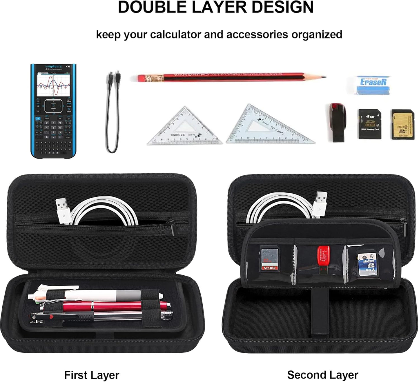 BOVKE Calculator Case for Texas Instruments TI-Nspire CX II CAS/CX II/CX CAS/CX Color Graphing Calculator and More - Extra Mesh Pocket for USB Cables and Other Accessories, Black+Black