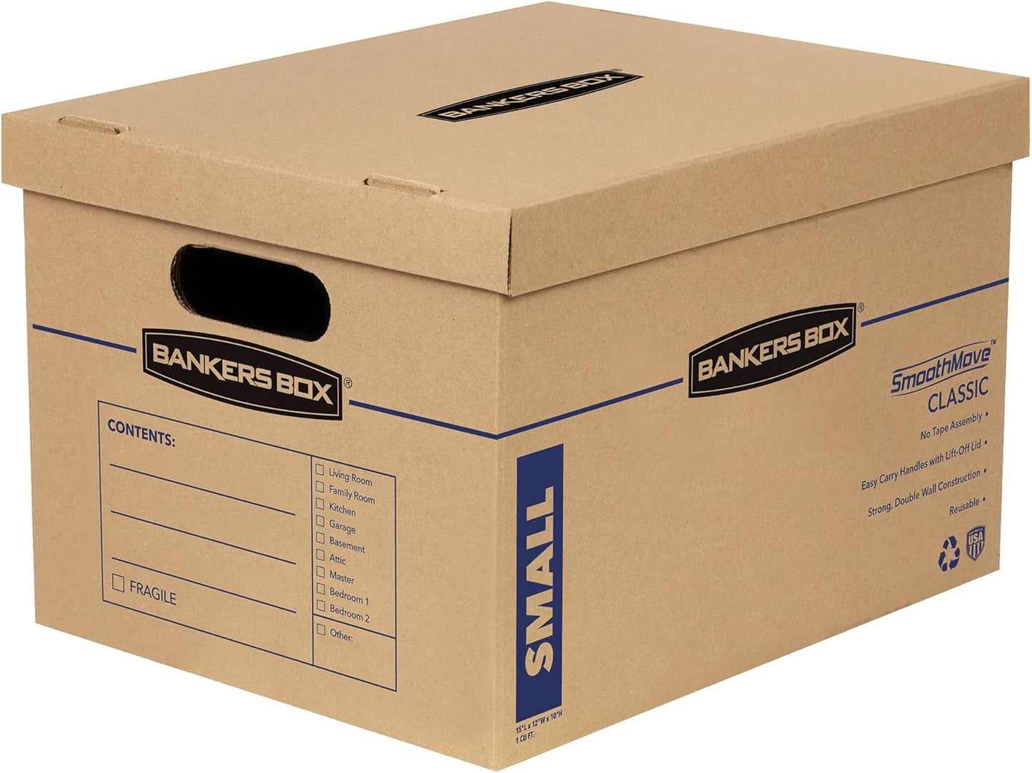Bankers Box Medium Classic Moving Box 10 Pack, Reinforced Handles, Tape-Free Assembly, Box with Lid, 19-in x 14.5-in x 15.5-in (7717204)