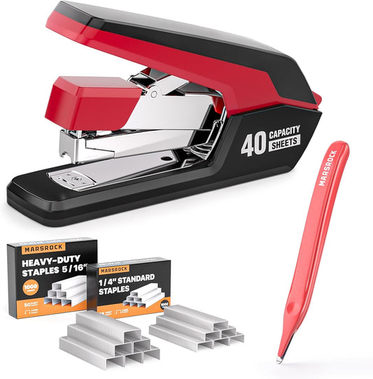 Effortless Stapler for Desk with 40-50 Sheet Capacity, 2000 Staples, 1-Touch Stapling, Ergonomic & Easy to Load Desktop Staplers, Heavy Duty Stapler, and Magnetic Staple Remover, Red