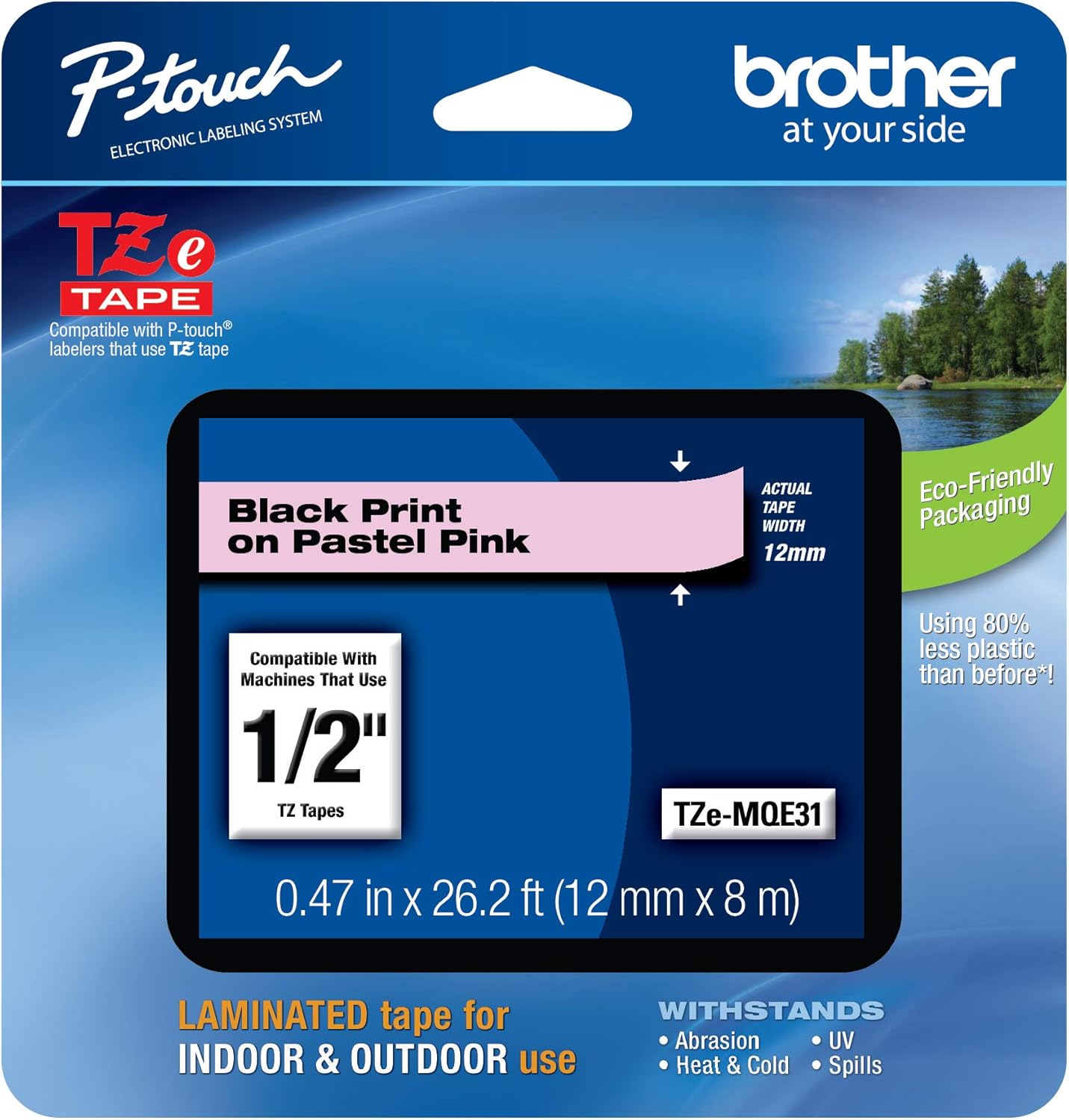 Brother Genuine P-touch TZeMQE31 Tape, 1/2" (0.47") Wide Standard Laminated Tape, Black on Pastel Pink, Laminated for Indoor or Outdoor Use, Water-Resistant, 0.47" x 26.2' (12mm x 8M), TZEMQE31