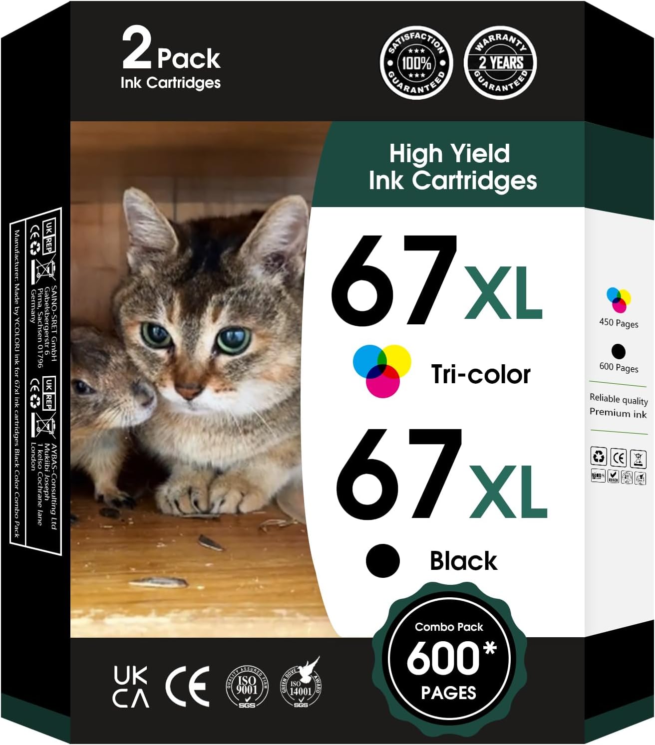 67XL Ink Cartridges Black Color Combo Pack Replacement for Ink 67 67XL 67XXL DeskJet 2755e 2755 2700e 2700 2734e 4155e Envy 6055e 6400 6000 Envy Pro 6458 Printer(1 Black and 1 Color)