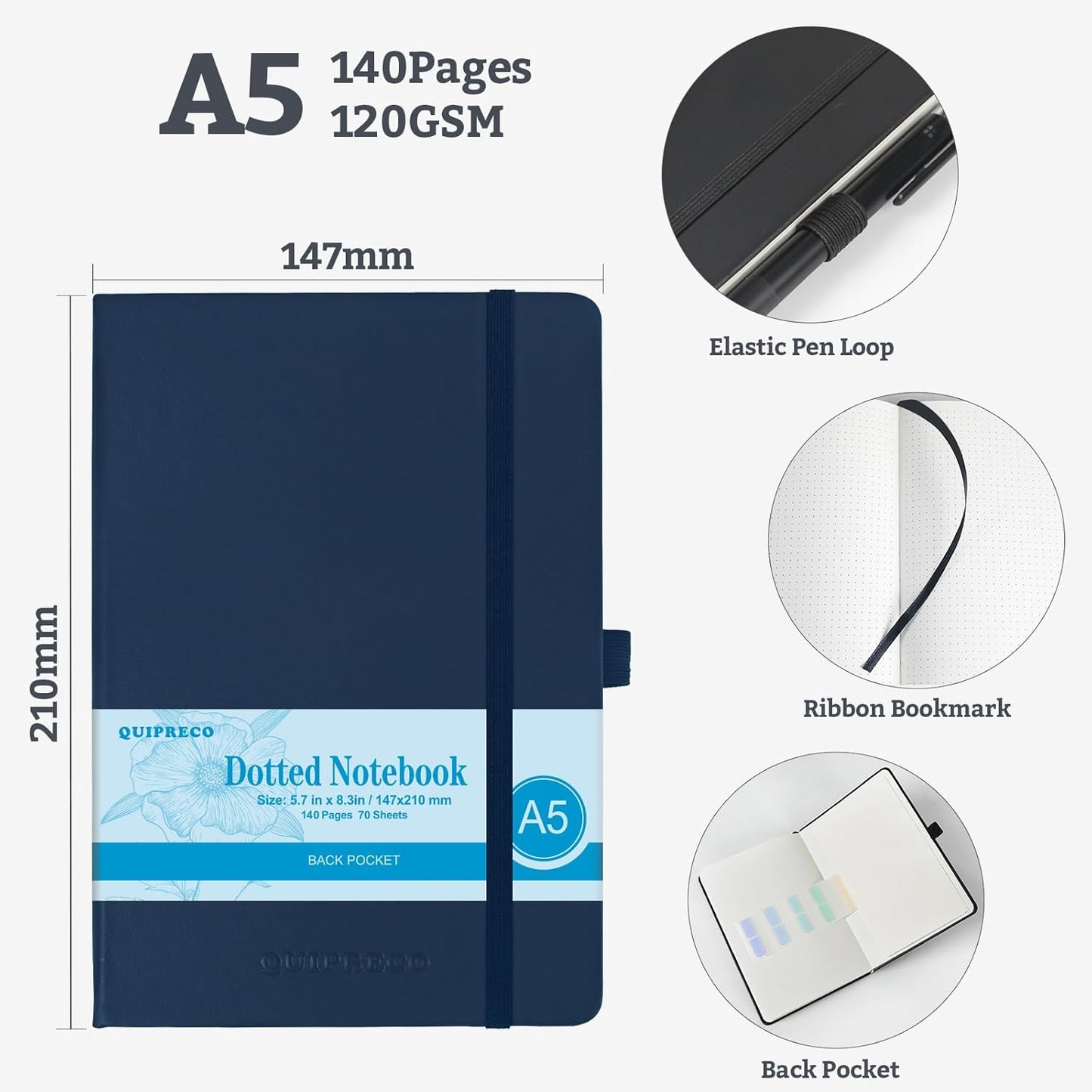 Bullet Dotted Hardcover Journal Notebook, A5 140 Pages 120Gsm Thick Paper for School,Note Taking,Work,Diary，5.7''*8.3'',Navy