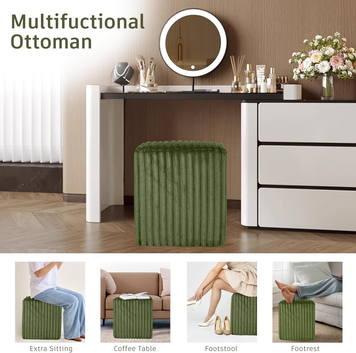Modern Square Ottoman, Vertical Channel Tufted Foot Stool Ottoman, Velvet Upholstered Vanity Stool for Makeup, Bedroom, Living Room, Dark Green