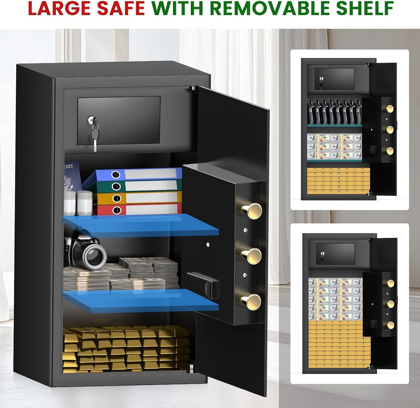 5.8 Cub Large Fireproof Safe, Home Safe Water and Fireproof, Large Document Safes With Digital Combination Lock, Smart Alert, Removable Shelf, LED Light, Fireproof Safes for Money Jewelry Valuables