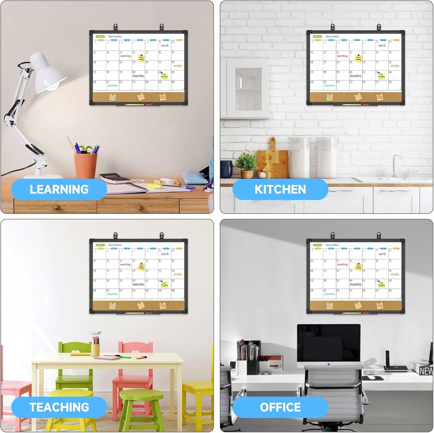 JILoffice Magnetic Calendar Whiteboard & Bulletin Corkboard Combination, Monthly Combo Board 17 x 13 Inch, Black Aluminum Frame Wall Mounted Board for Office Home and School