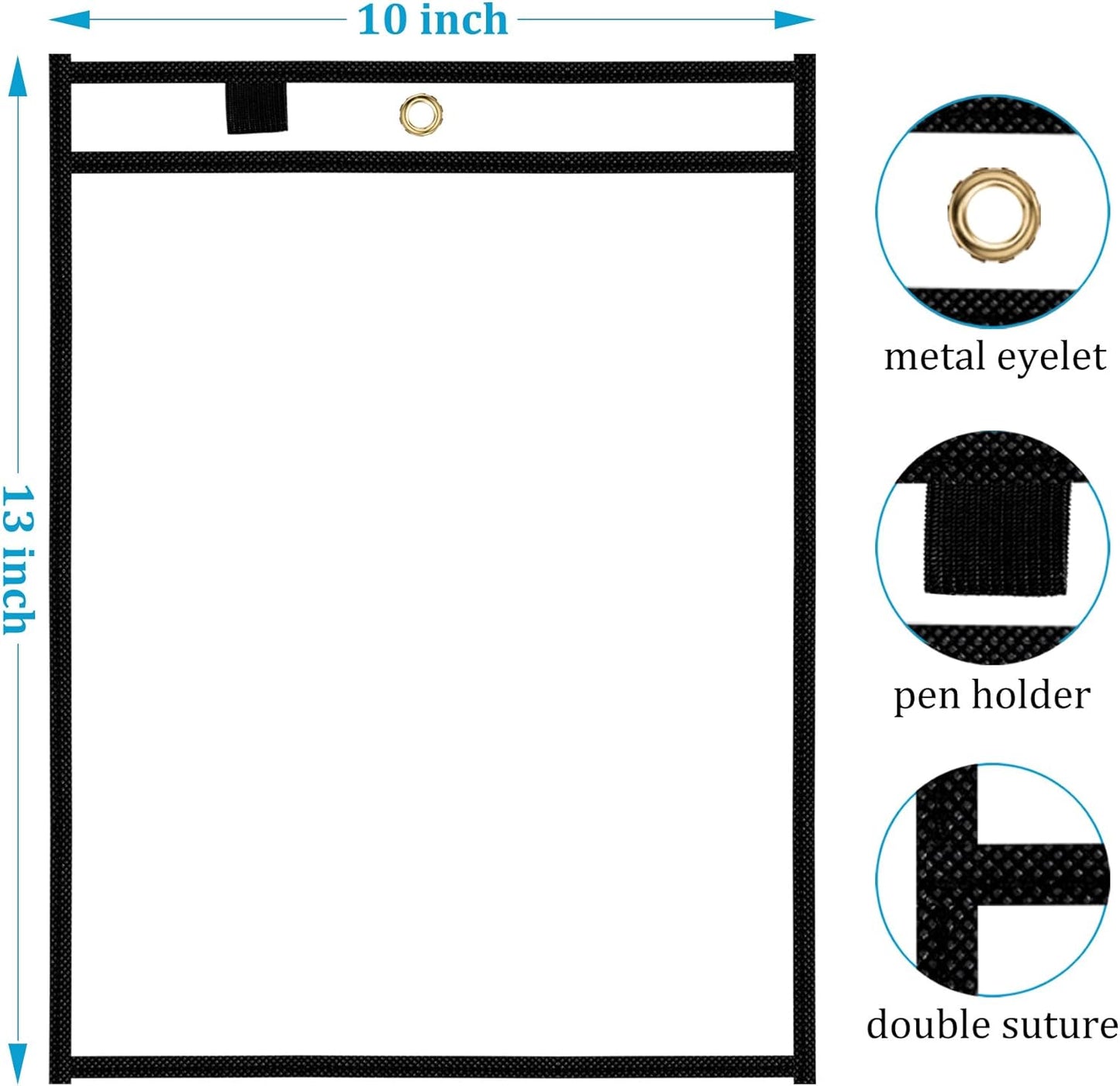 Ndsox 30 Packs Dry Erase Pockets Reusable Oversized Plastic Sleeves Clear Job Ticket Holders Heavy Duty Transparent Hanging Document Protectors for Classroom School Office Work Warehouse, Black