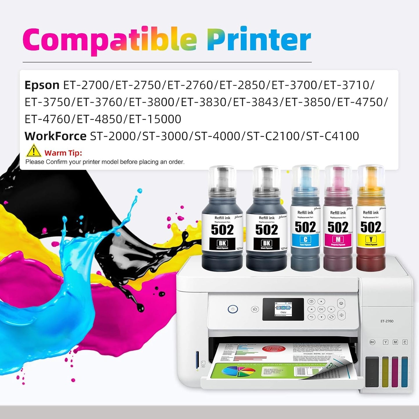 T502 502 Ink Refill Bottles Compatible for ET2760 ET-4760 ET2750 ET-3760 ET-2850 ET-15000 ST-4000 ST-2000 ET-3710 ET-3850 ET-3750 ET-4850 ET-3830 ET4750 ET2700 Printers (2BK C M Y)