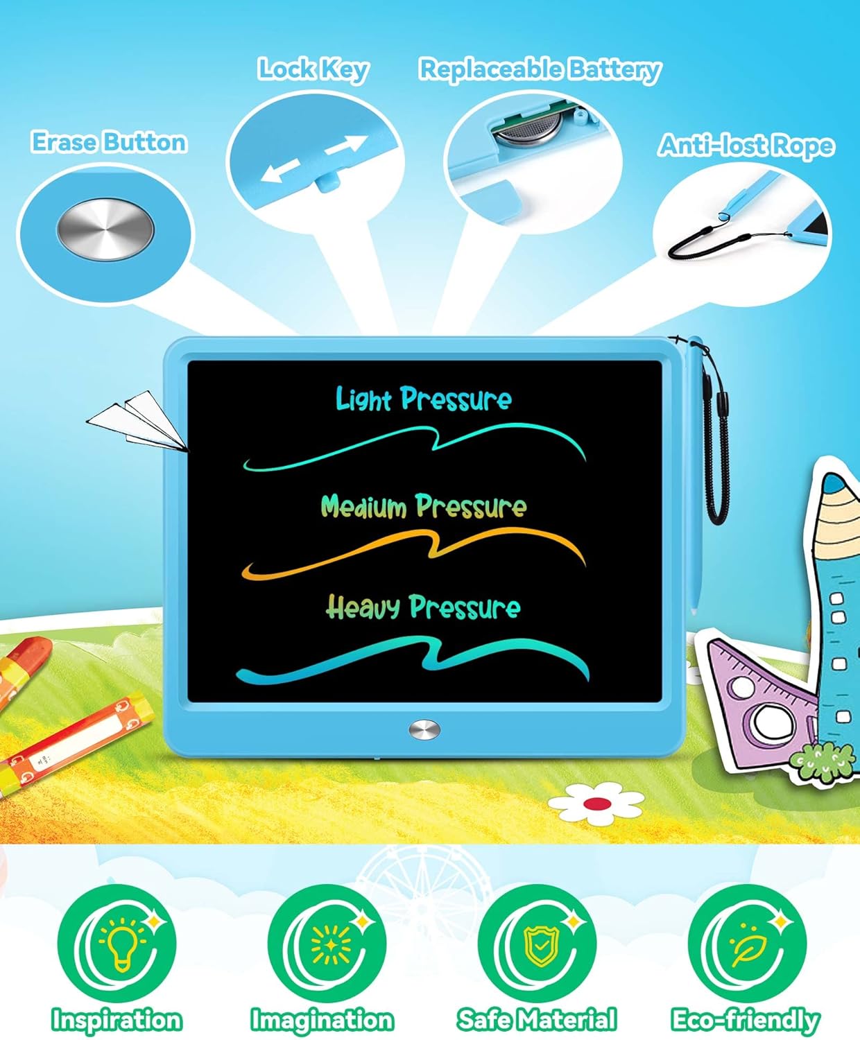 KOKODI 12 Inch LCD Writing Tablet with Anti-Lost Stylus, Erasable Doodle Board Colorful Toddler Drawing Pad, Car Travel School Games Toys for 3 4 5 6 7 8 Kids, Birthday Gift for Girls Boys Adults Blue