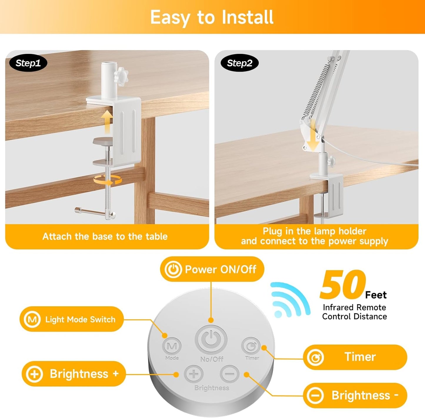 SKYLEO Led Desk Lamp for Home Office - 2400LM Ultra Bright Desk Light -Eye Caring Desk Lamp with Clamp - Adjustable Office Lamp with Remote Control- Easy Installation - 24W White