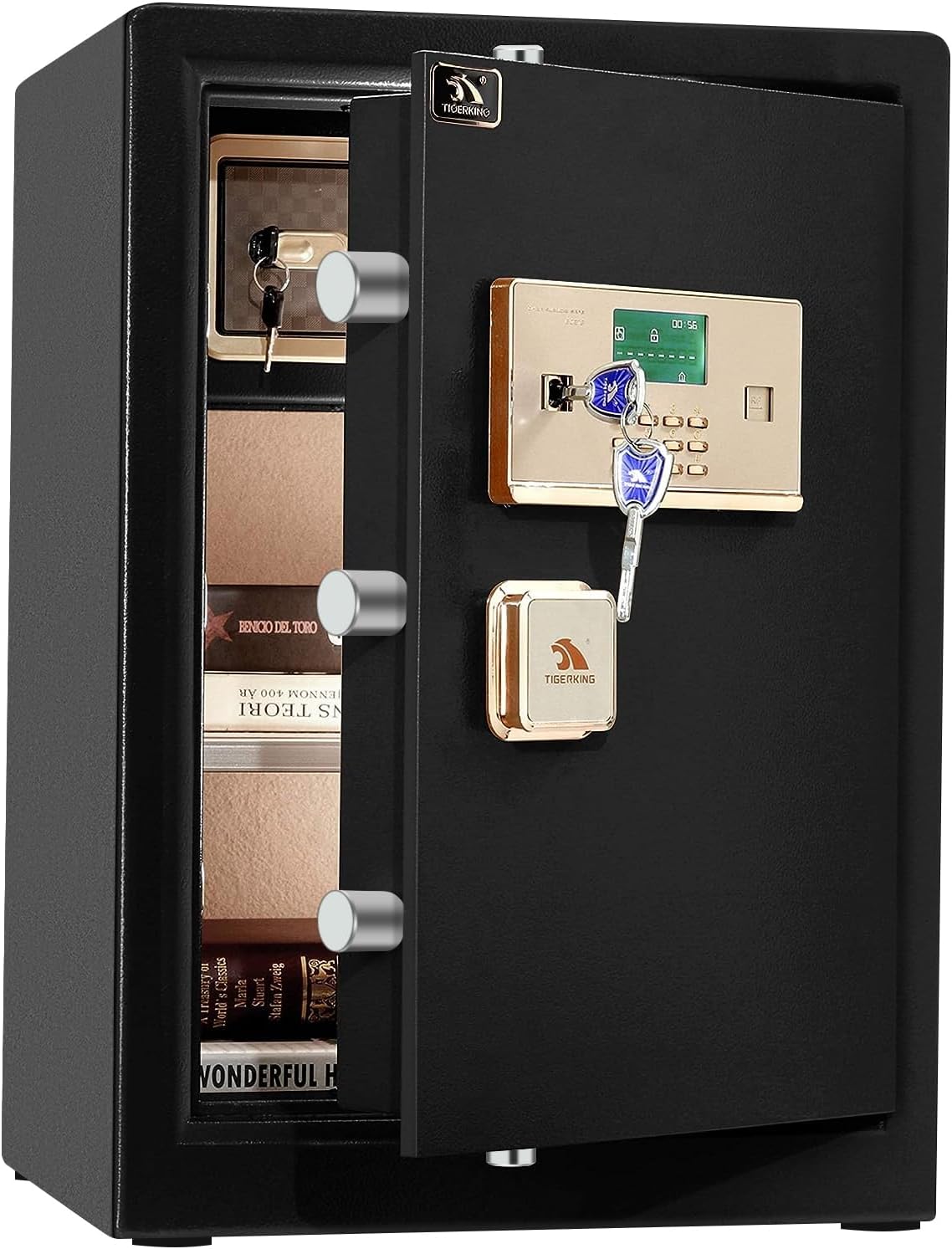 TIGERKING Safe Box,Home Safe,Large Security Box with Double Safety Key Lock and Password for Money and Document,3.7 Cubic Black