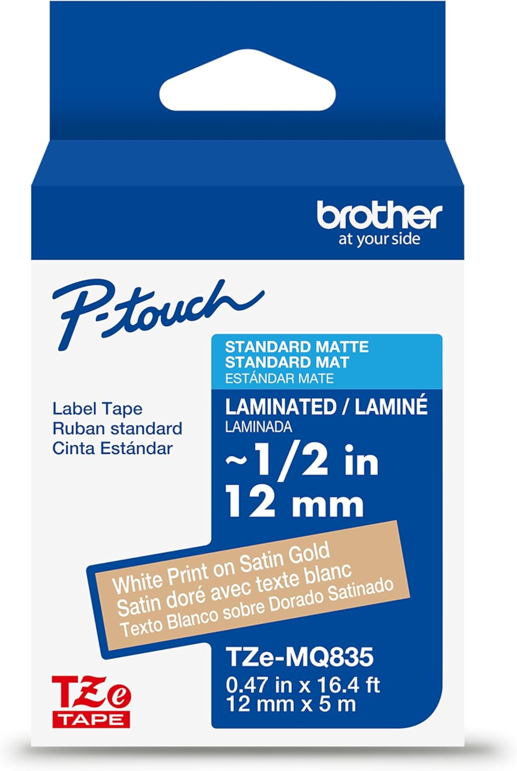 Brother Genuine P-Touch TZe White Print on Satin Gold Label Tape (TZeMQ835), Laminated,1/2in x 16.4ft (12mm x 5m), for Select P-Touch Label Makers, Durable, Water-Resistant, Indoor/Outdoor Use