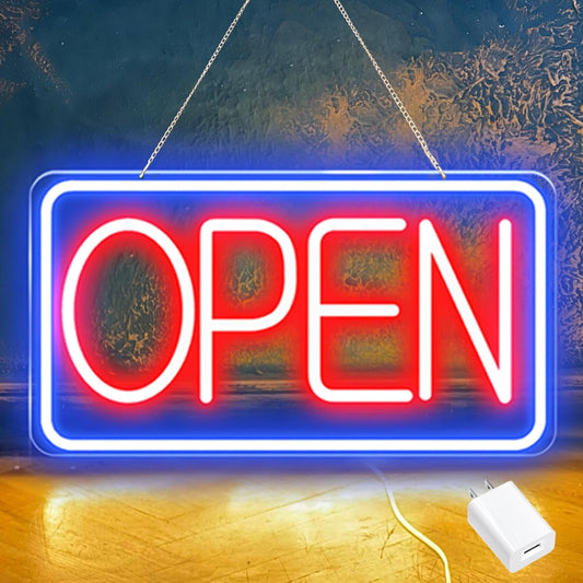 Led Neon Open Signs for Business,16.5"X 9" Open Signs, Powered by USB with ON/OFF Switch, Adjustable Bright Led Neon Open Sign for Bar Salon Coffee Stores Club Hotel (Blue/Red-Horizontal)