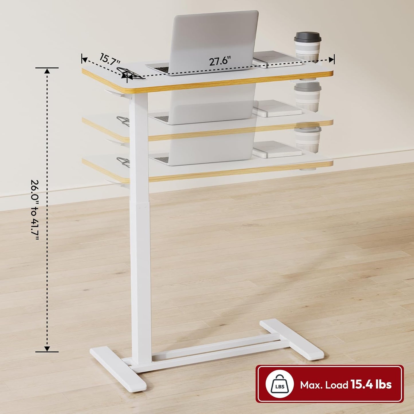 SANODESK Mobile Standing Desk with Hidden Wheels,Pneumatic Laptop Desk Rolling Computer Cart Movable Height Adjustable Small Sit Stand Desk for Home Office(27.6" W x 15.7" D, White+Maple Band)