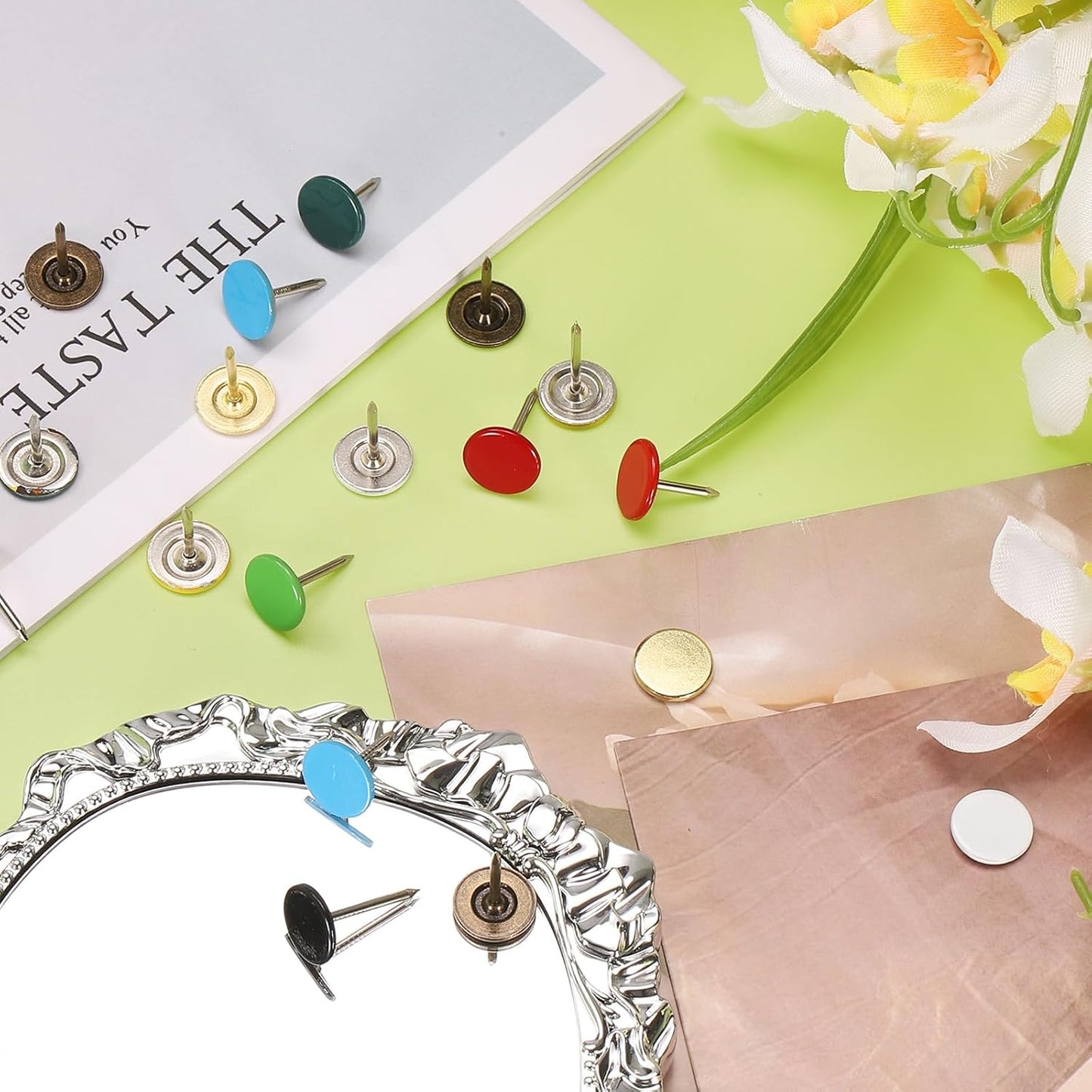 uxcell 150Pcs Upholstery Tacks, 11mmx17mm Flat Head Thumb Tack Decorative Furniture Nails Push Pins for Furniture Sofa Headboards, White