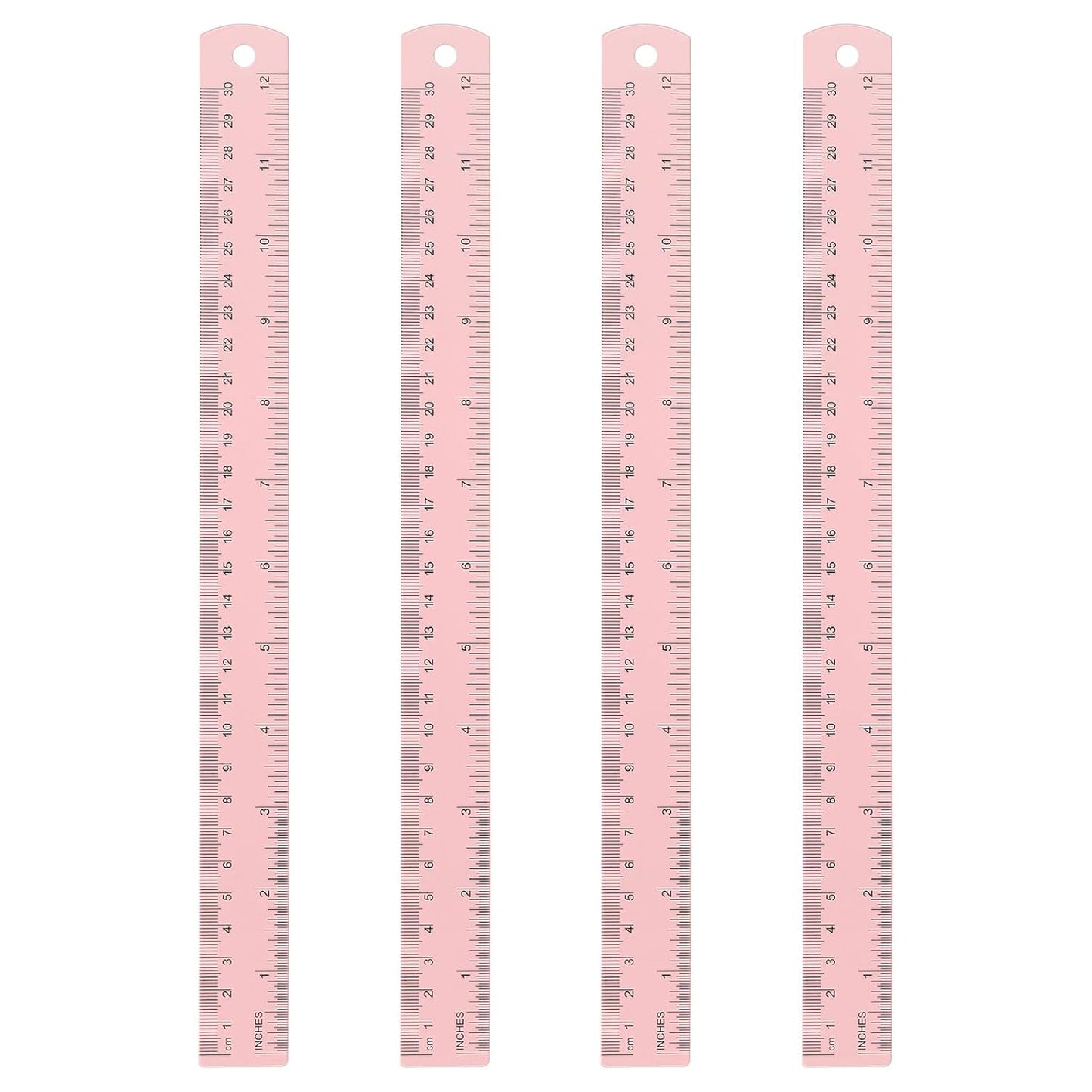 HARFINGTON 4pcs Metal Straight Ruler 30cm Metric SAE Aluminum Alloy Measuring Rulers Scale Tool with Hole for Measure Study Reading Classroom Office, Pink