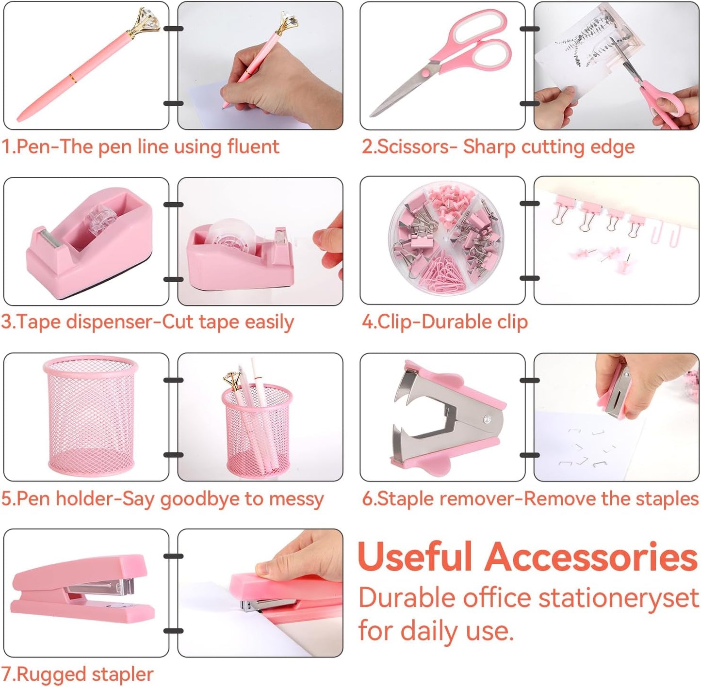 Pink Desk Accessories, Pink Office Supplies Set with Stapler, Tape Dispenser, Staple Remover, Pen Holder, Scissor, Binder/Paper Clips, Ballpoint Pen, Clear Tape and 1000pcs Staples