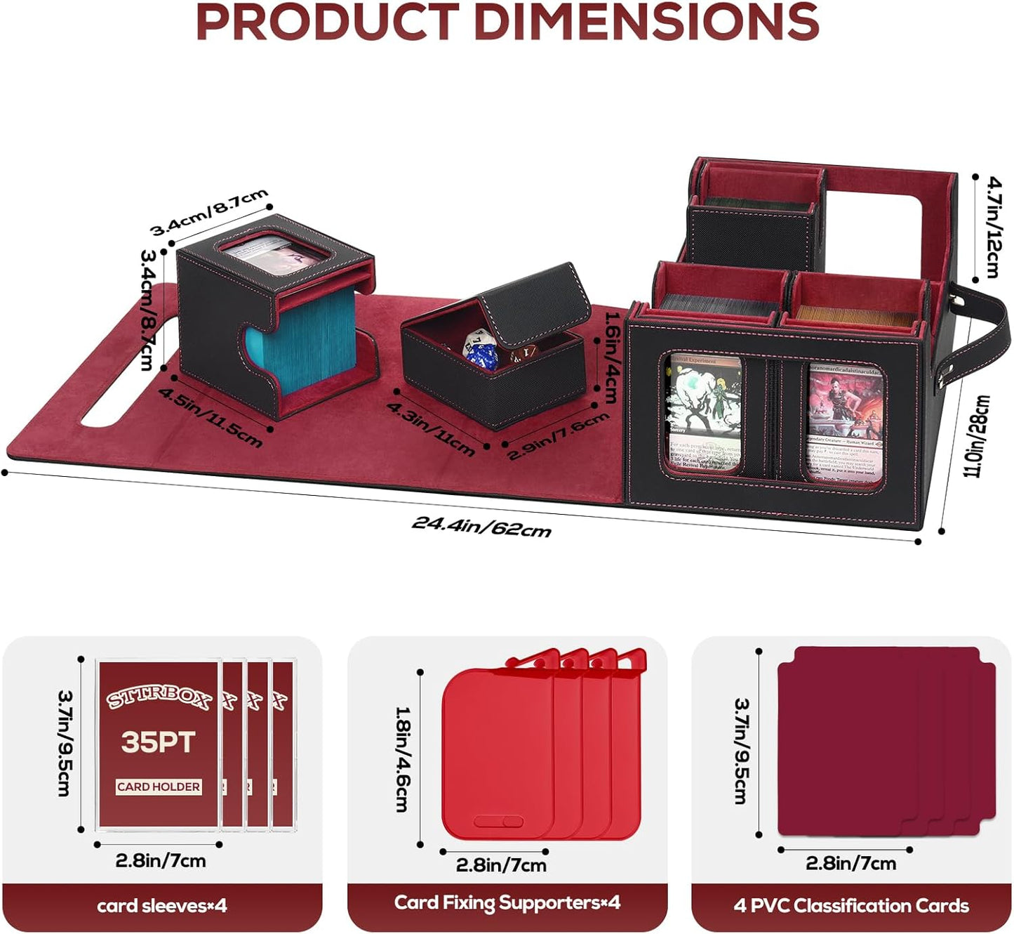 Trading Card Storage Box for MTG, card storage box with Commander Display，Multi-purpose Deck Case for MTG TCG Sports Card, 4 Toploaders, 4 Stoppers, 4 Colorful Dividers (Black & Red)