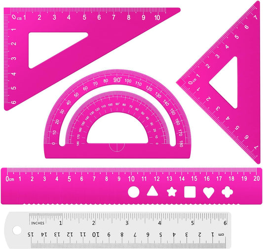 Honagu Triangular Ruler Set, 4+1Pieces Aluminum Alloy Ruler, Metal Drafting Ruler, Geometric Protractor for Students, School Office Supplies (Pink, 20cm)