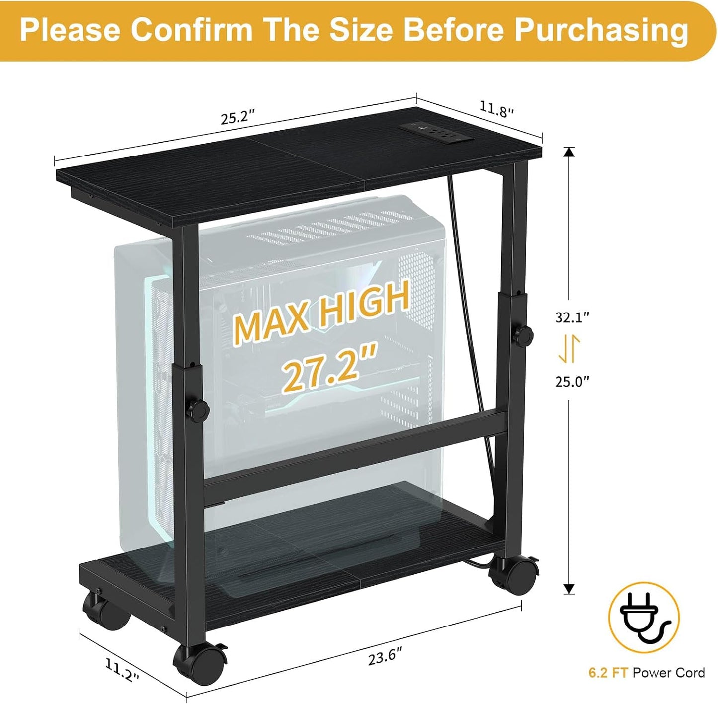 Snughome Computer Tower Stand with Charging Station, 25.0"-32.1" Height Adjustable PC Tower Stand for Floor, Mobile PC Holder with Locking Wheels Computer Cart for Home Office
