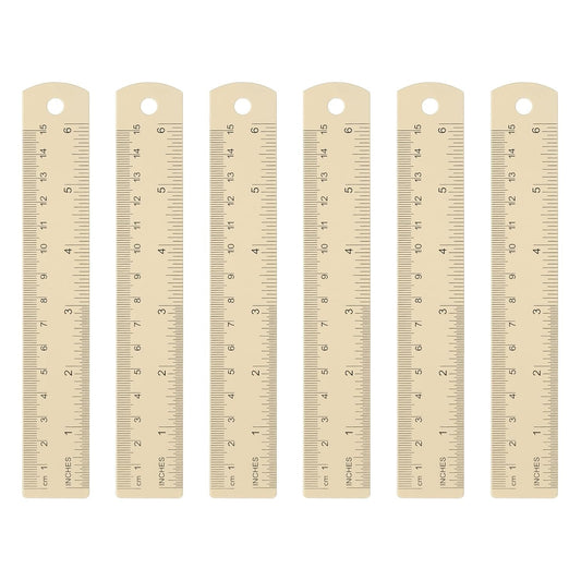 HARFINGTON 6pcs Metal Straight Ruler 15cm Metric SAE Aluminum Alloy Measuring Rulers Scale Tool with Hole for Measure Study Reading Classroom Office, Beige