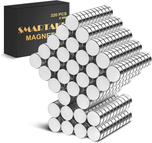 SMARTAKE 320 Pcs Refrigerator Magnets, 6x2mm Small Round Fridge Magnet, Multi-Use Premium Neodymium Office Magnets for Fridge, Whiteboard, Billboard in Home, Kitchen, Office and School (Silver)