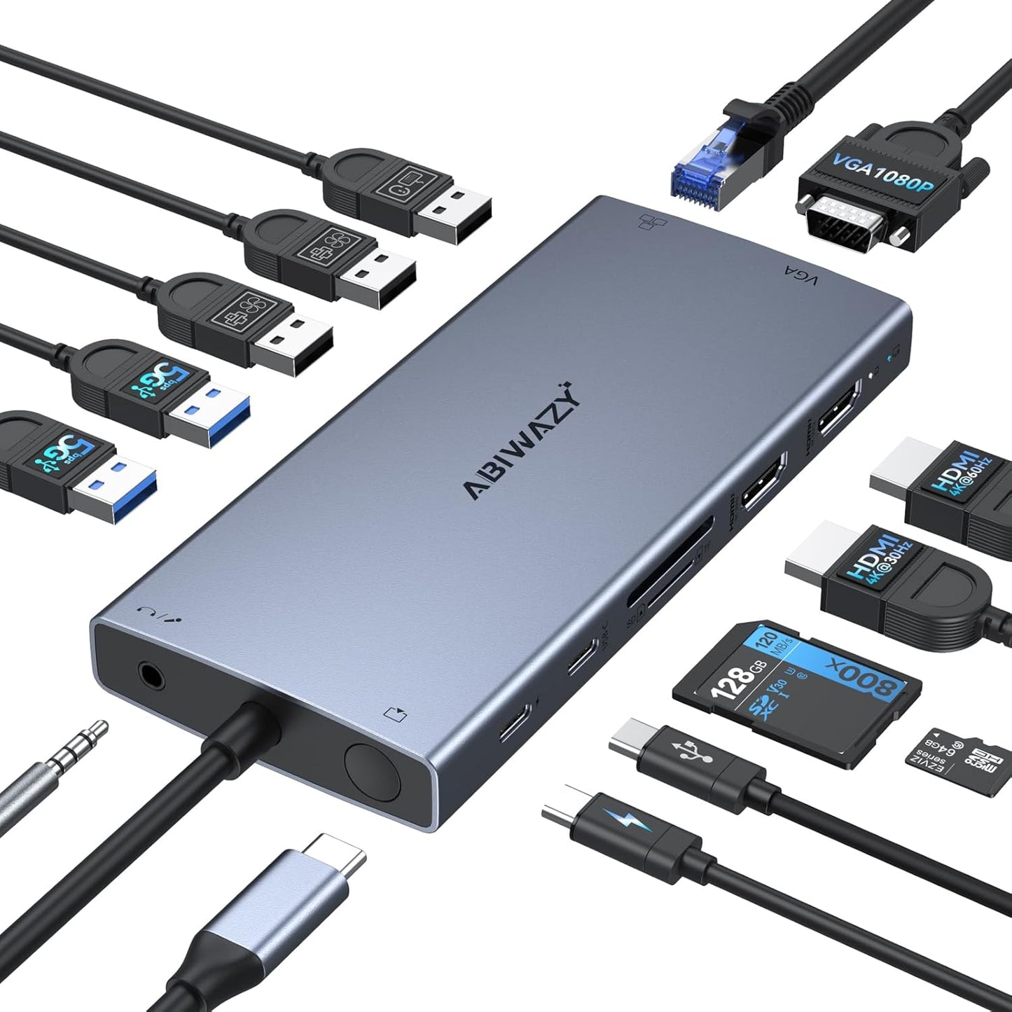 USB C Docking Station Dual Monitor for Dell/HP/Lenovo/Surface Laptop,15 in 1 Triple Display Multiport Adapter Hub, USBC Dock Dongle with 2 HDMI+VGA+6 USB C/A+Button+100W PD +Ethernet+SD/TF+Audio