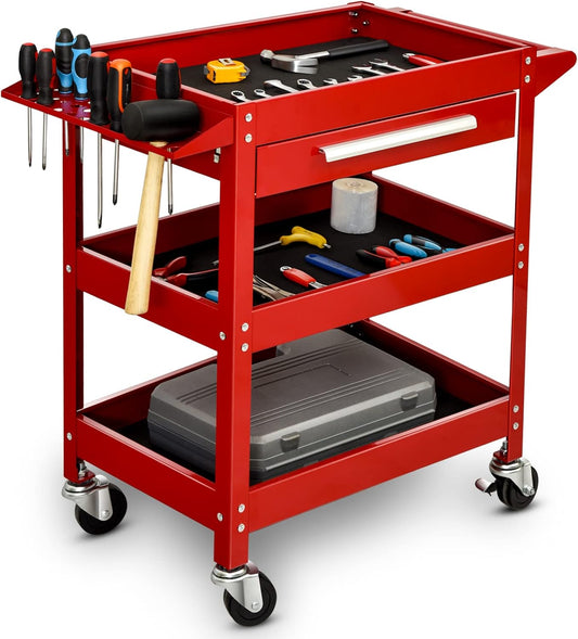 ERGOMASTER Metal Service Utility Cart with Wheels - 500LBS Tool Cart Heavy Duty Rolling 3-Tier Storage Organizer, for Garage Industrial Cart (Red)