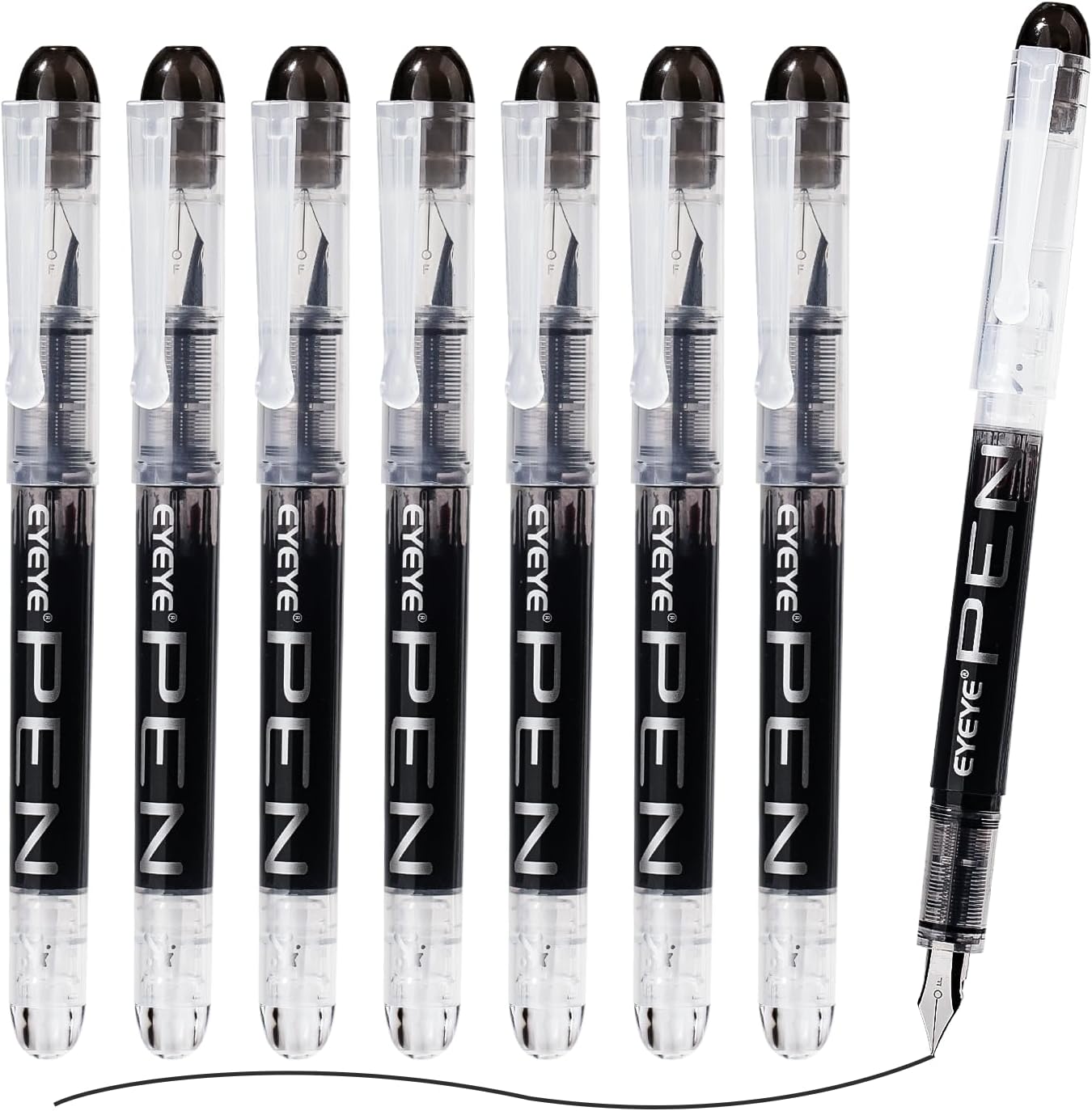 EYEYE Disposable Fountain Pens Fine Point, 8 Pack Black Pens for Writing, Stainless Steel Nib, Smooth Writing for Journaling, Drafting, Sketching, Doodling & Office Supplies