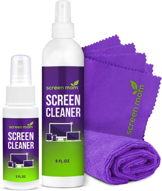 Screen Cleaner Spray and 4 Microfiber Cloths Bundle 8oz & 2oz, by Screen Mom, Eyeglasses or Monitor Screen Cleaner Spray and Wipe, Electronic Cleaner Spray, Car Screen Cleaning Kit