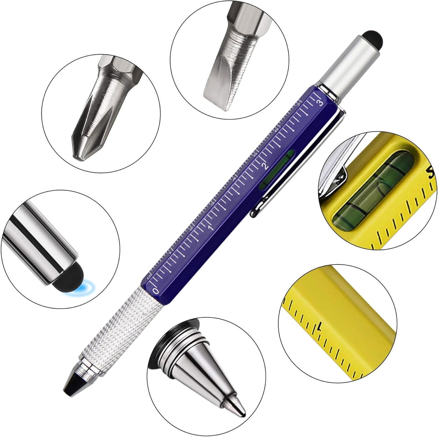 DUNBONG Metal Multi tool Pen 6-in-1 Stylus Pen - With Screwdriver, Ballpoint Pen Black ink, Stylus pen, Level and Ruler, 1-Count (Blue)