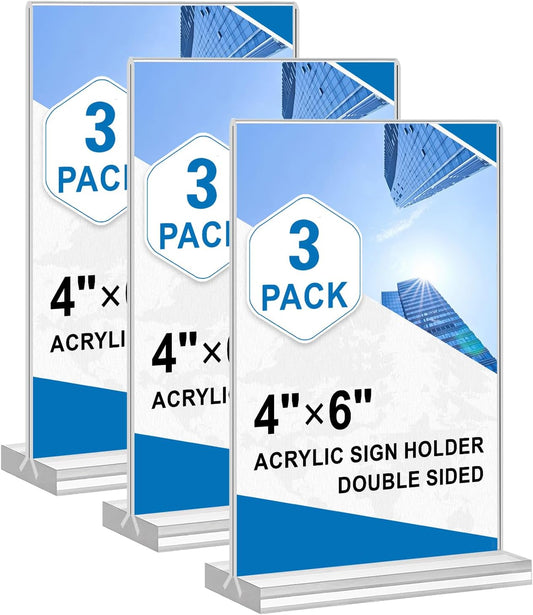 Acrylic Sign Holder 4x6, 3 Pack Clear TableTop Sign Holder-Sided, Plastic Flyer Display Holder with Vertical Base, Clear Flyer Stand Menu Table Display Holders for Restaurants Office Store Show Fair